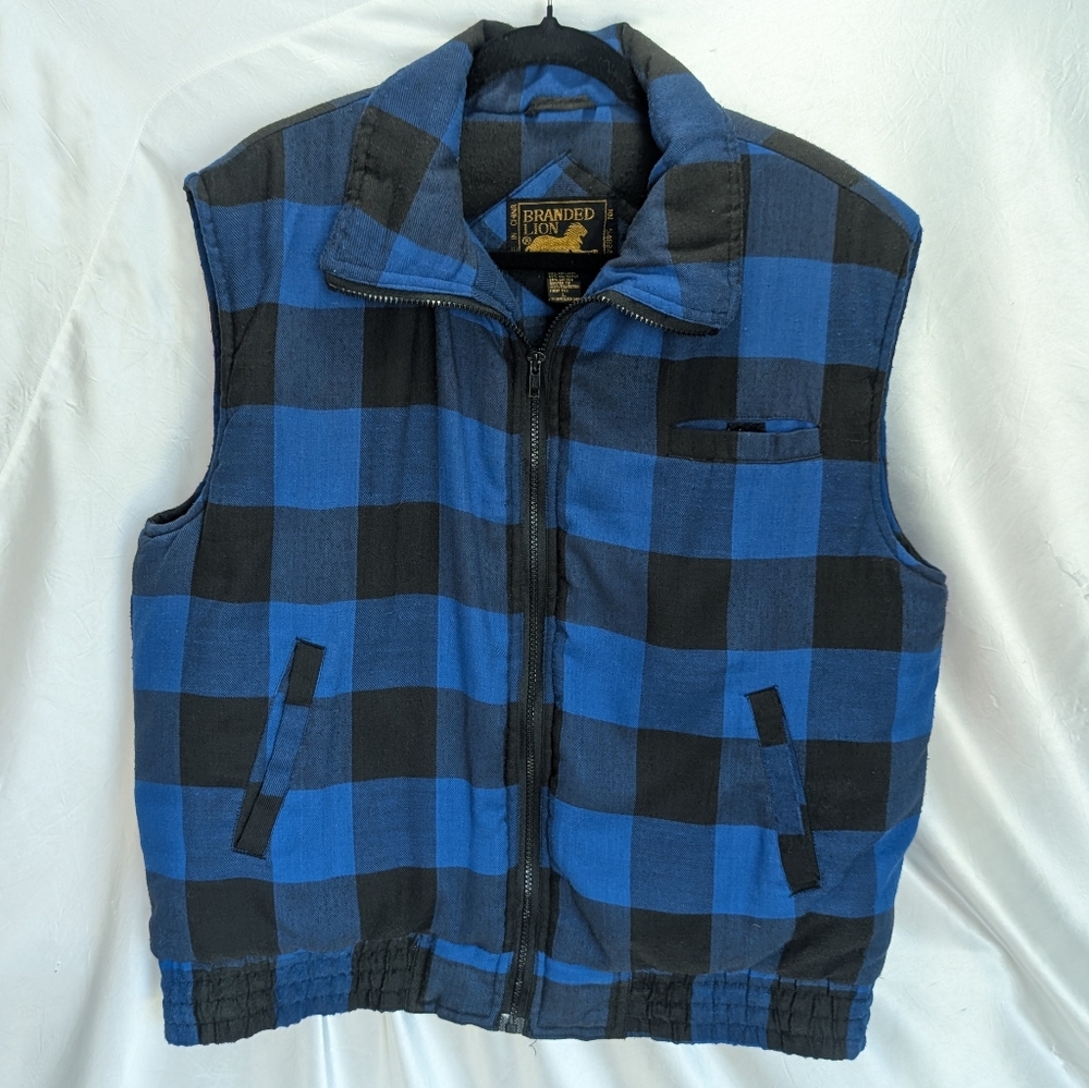Branded Lion VIntage Quilted Cotton Lumberjack Blue Plaid Hunting Pocket Vest L